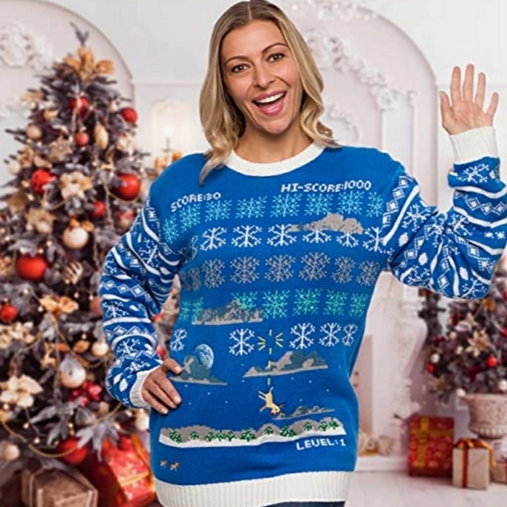Funziez! Space Invadors Snowflake Ugly Christmas Sweater Size XL